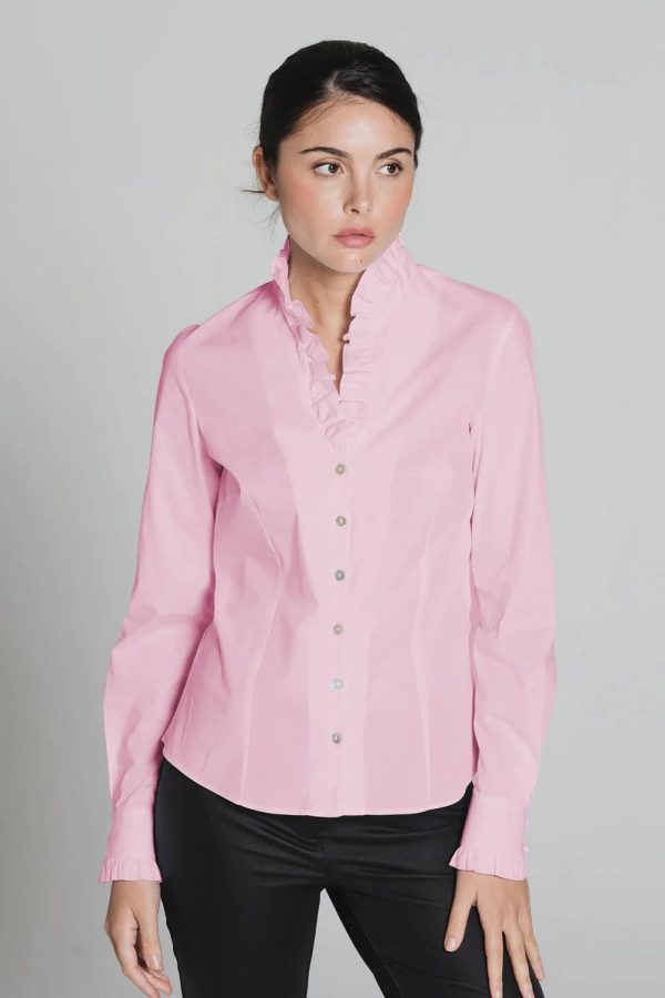 Bariloche Lucar Soft Pink Ruffle Neck Blouse For Sale