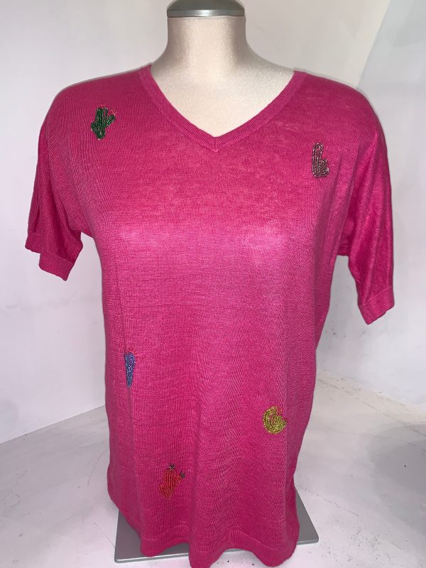 Estheme Cactus Motif Knit V-Neck Online Hot Sale